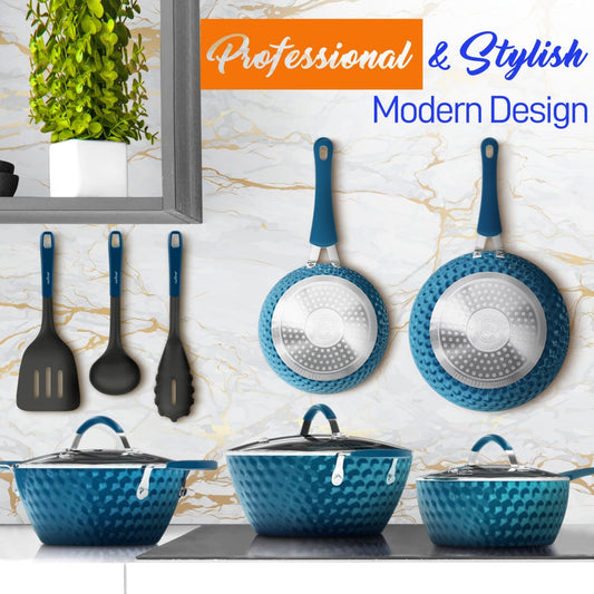 Kitchenware Pots & Pans Set - Stylish Kitchen Cookware With Elegant Diamond Pattern, Non-Stick (11-Piece Set)