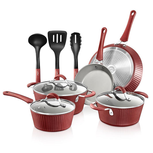 Kitchenware Pots & Pans - Stylish Kitchen Cookware Set With Elegant Lines Pattern, Gray Inside & Red Outside, Non-Stick, Metal + Silicone Handle (11-Piece Set)