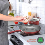 Kitchenware Pots & Pans - Stylish Kitchen Cookware Set With Elegant Lines Pattern, Gray Inside & Red Outside, Non-Stick, Metal + Silicone Handle (11-Piece Set)