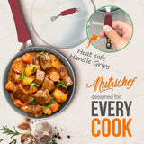 Kitchenware Pots & Pans - Stylish Kitchen Cookware Set With Elegant Lines Pattern, Gray Inside & Red Outside, Non-Stick, Metal + Silicone Handle (11-Piece Set)