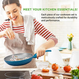 Kitchenware Pots & Pans Set - Stylish Kitchen Cookware, Non-Stick Coating Inside & Outside + Heat Resistant Lacquer Outside, Light Gray Inside And Green Outside (12-Piece Set)