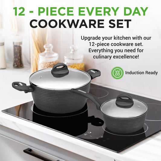 Kitchenware Pots & Pans - Stylish Kitchen Cookware Set With Stylish Metallic Ridge-Line Pattern, Non-Stick (12-Piece Set)