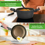 Kitchenware Pots & Pans - Stylish Kitchen Cookware Set With Stylish Metallic Ridge-Line Pattern, Non-Stick (12-Piece Set)