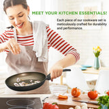 Kitchenware Pots & Pans - Stylish Kitchen Cookware Set With Stylish Metallic Ridge-Line Pattern, Non-Stick (12-Piece Set)