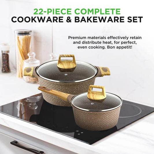 22 Pcs. Home Kitchen Cookware, Kitchen Tools, And Bakeware Set - High Quality And Marble Non-Stick Kitchenware Pots And Pans (Maroon Marble)