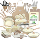 54 Pcs. Home Kitchen  Cookware, Kitchen Tools, And Bakeware Set  - High-Quality Ceramic Kitchenware Pots And Pans (Taupe Brown)