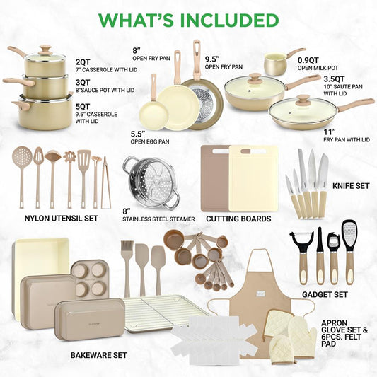 54 Pcs. Home Kitchen  Cookware, Kitchen Tools, And Bakeware Set  - High-Quality Ceramic Kitchenware Pots And Pans (Taupe Brown)