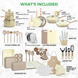 54 Pcs. Home Kitchen  Cookware, Kitchen Tools, And Bakeware Set  - High-Quality Ceramic Kitchenware Pots And Pans (Taupe Brown)
