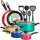 Kitchenware Pots & Pans Set - Colorful Kitchen Cookware, Black Non-Stick Coating Inside, Heat Resistant Lacquer And Mixed Colors Outside (15-Piece Set)