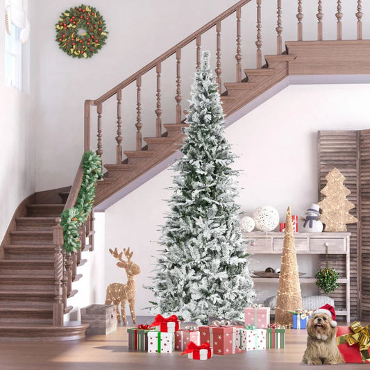 HOMCOM 9' Unlit Snow Flocked Pine Artificial Christmas Tree with Realistic Branches and 1159 Tips, Green