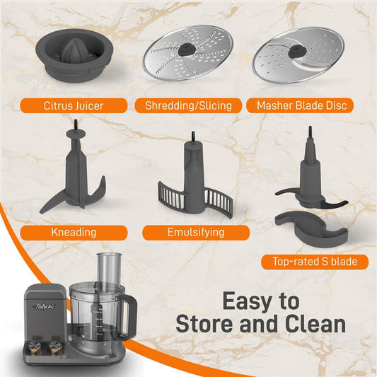 Multifunction Food Processor - Ultra Quiet Powerful Motor, Includes 6 Attachment Blades, Up To 2L Capacity