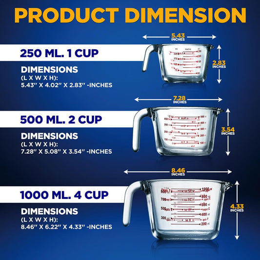3 Pcs. High Borosilicate Glass Measuring Cup With Customized Decal Scale, 250 Ml, 500Ml, And 1000Ml