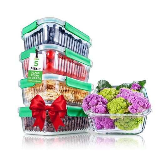 5-Piece Superior Glass Food Storage Containers Set - Stackable Design, Newly Bpa-Free Airtight Locking Lids With Wave Design