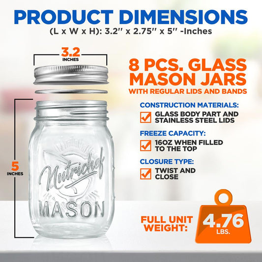 8 Pcs. Glass Mason Jars With Regular Lids And Bands, Diy Magnetic Spice Jars, Ideal For Meal Prep, Jam, Honey, Wedding Favors, And More