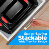 Kitchen Oven Baking Pans - Deluxe Nonstick Black Coating Inside & Outside Carbon Steel Bakeware Set With Red Silicone Handles (15-Pieces)