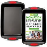 Kitchen Oven Baking Pans - Deluxe Nonstick Black Coating Inside & Outside Carbon Steel Bakeware Set With Red Silicone Handles (2-Pieces)