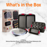 Kitchen Oven Baking Pans - Deluxe Nonstick Black Coating Inside & Outside Carbon Steel Bakeware Set With Red Silicone Handles (6-Pieces)