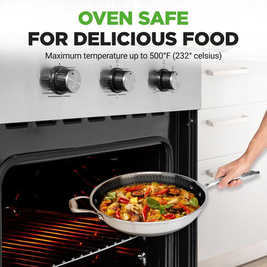 12'' Durable Wok With Side Handle - Triply Stainless Steel Cookware, Dakin Etching Non-Stick Coating Inside And Outside