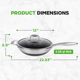 12'' Durable Wok With Side Handle - Triply Stainless Steel Cookware, Dakin Etching Non-Stick Coating Inside And Outside
