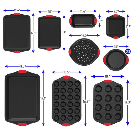 Kitchen Oven Baking Pans - Deluxe Nonstick Gray Coating Inside & Outside Carbon Steel Bakeware Set With Red Silicone Handles (10-Pieces)