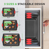Kitchen Oven Baking Pans - Deluxe Nonstick Gray Coating Inside & Outside Carbon Steel Bakeware Set With Red Silicone Handles (30-Pieces)