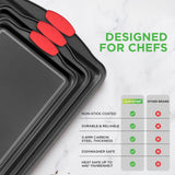Kitchen Oven Baking Pans - Deluxe Nonstick Gray Coating Inside & Outside Carbon Steel Bakeware Set With Red Silicone Handles (30-Pieces)