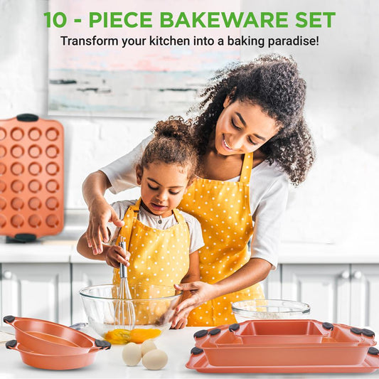 Flexible & Nonstick Carbon Steel Bakeware Set - Professional Home Kitchen Bake Pan Set With Blue Silicone Handles