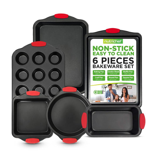 Kitchen Oven Baking Pans - Deluxe Nonstick Gray Coating Inside & Outside Carbon Steel Bakeware Set With Red Silicone Handles (6-Pieces)
