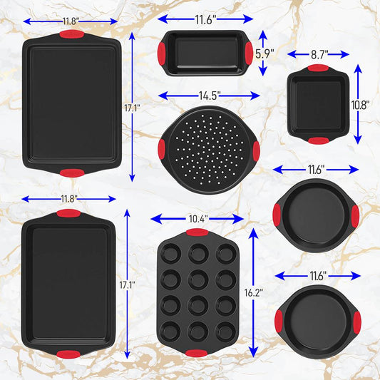 Kitchen Oven Baking Pans - Deluxe Nonstick Gray Coating Inside & Outside Carbon Steel Bakeware Set With Red Silicone Handles (8-Pieces)
