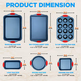 Kitchen Oven Baking Pans - Deluxe Nonstick Blue Coating Inside & Outside Carbon Steel Bakeware Set With Red Silicone Handles (6-Pieces)