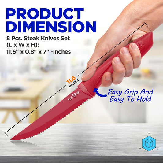 8 Pcs. Steak Knives Set - Non-Stick Coating Knives Set With Stainless Steel Blades, Unbreakable Knives, Great For Bbq Grill (Red)