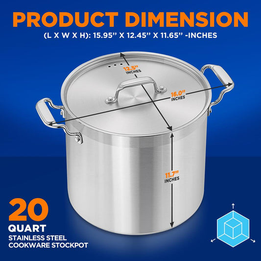 Stainless Steel Cookware Stockpot - 20 Quart, Heavy Duty Induction Pot, Soup Pot With Stainless Steel Lid