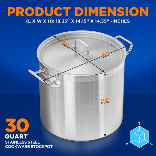 Stainless Steel Cookware Stockpot - 30 Quart, Heavy Duty Induction Pot, Soup Pot With Stainless Steel Lid