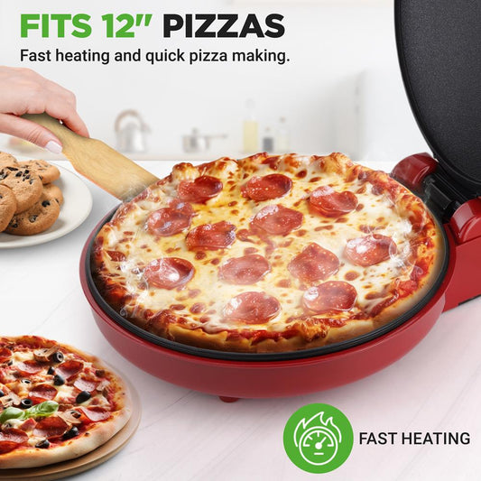 Countertop Pizza Maker - Non-Stick Electric Pizza Oven With Cool Touch Handle And Uplift Function, Includes Spatula (Red)
