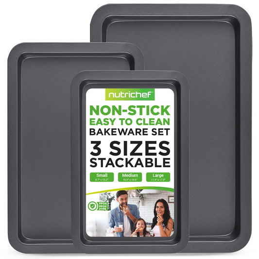 3-Pc. Nonstick Cookie Sheet Baking Pan - Professional Quality Kitchen Cooking Non-Stick Bake Trays With Black Coating Inside & Outside