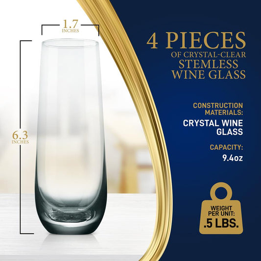 4 Pcs. Of Crystal-Clear Stemless Wine Glass - Ultra Clear, Elegant Clear Wine Glasses, Machine Made Top