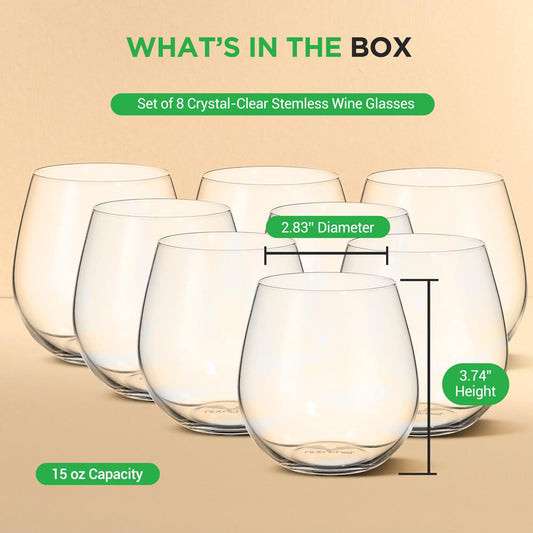 8 Pcs. Of Crystal-Clear Stemless Wine Glasses - Ultra Clear And Thin, Elegant Clear Wine Glasses, Hand Blown