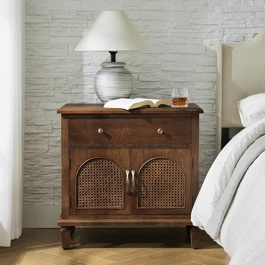 Camilo 27" Tall Arched Faux Rattan Nightstand With Built-In Outlets(Optional Types)