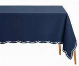 White Scalloped Tablecloth - Navy Blue