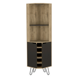 Tuhome Audra Corner Bar Cabinet with Six Built-In Wine Rack Compartments, Two Open Display Shelves, Four Interior Shelves Behind Door and Cup Rack, Space-Saving Home Bar Storage for Modern Entertaining Spaces