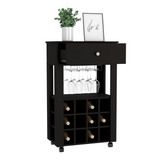 Memphis Bar Cart with Twelve Built-In Wine Rack Cubbies, Smooth-Glide Storage Drawer, Open Display Space and Mobile Caster Wheels for Organized Home Entertaining, Wine Storage and Modern Beverage Service Convenience