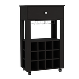 Memphis Bar Cart with Twelve Built-In Wine Rack Cubbies, Smooth-Glide Storage Drawer, Open Display Space and Mobile Caster Wheels for Organized Home Entertaining, Wine Storage and Modern Beverage Service Convenience