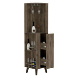 Tuhome Cincinatti Corner Bar Cabinet with Superior Top Shelf, Cup Rack, One Drawer, Two External Shelves and Four-Leg Freestanding Design for Home Bar Storage, Cocktail Organization and Space-Saving Display