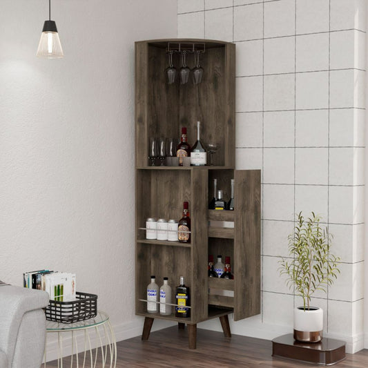 Tuhome Cincinatti Corner Bar Cabinet with Superior Top Shelf, Cup Rack, One Drawer, Two External Shelves and Four-Leg Freestanding Design for Home Bar Storage, Cocktail Organization and Space-Saving Display