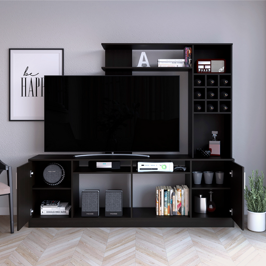 Kava Entertainment Center with Large TV Storage Space for Screens up to 78", Six External Display Shelves, Double-Door Cabinet, Built-In Wine Rack and Modern Multi-Functional Design for Organized Living Room Entertainment