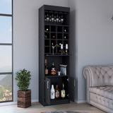 Tuhome Being Kava Bar Cabinet with Double Door Storage, Two Open Shelves, Sixteen Built-In Wine Rack Cubbies, Integrated Glass Rack and Vertical Home Bar Organizer for Cocktail Preparation and Bottle Display