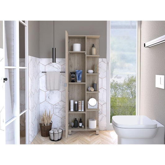 Tuhome Urano Mirror Linen Cabinet with Four Internal Shelves, Five External Display Shelves, Spacious Single-Door Compartment and Modern Tall Storage Design for Bathroom, Kitchen, Bedroom or Multifunctional Home Organization