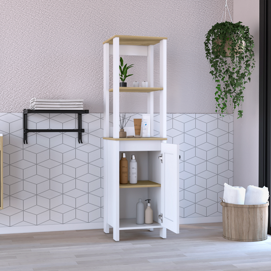 Tuhome St. Clair Linen Cabinet with Two Interior Shelves, Two Open Display Shelves, Single Door Storage Compartment, Space-Saving Vertical Design and Ample Organization for Towels and Bathroom Essentials