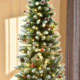 HOMCOM 7.5ft Pre-Lit Snow-Dipped Artificial Christmas Tree with Realistic Branches, 350 LED Lights, Pine Cones, Red Berries and 1075 Tips
