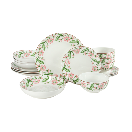 Martha Stewart Plates and Bowls Set, 16 Piece Dinnerware Set for 4, Pink/Green